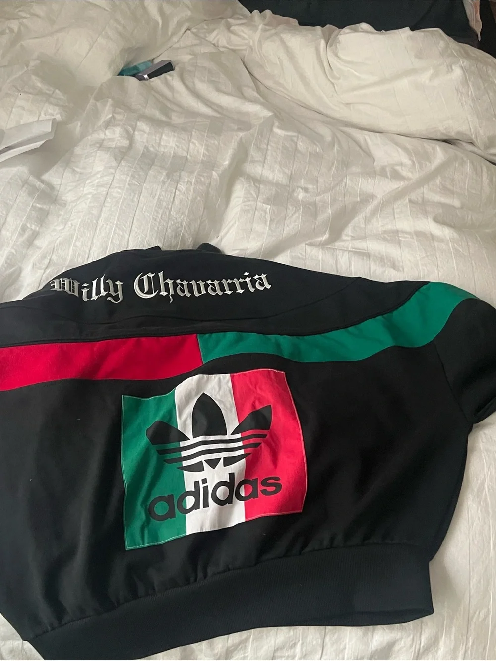 WILLY CHAVARRIA/ ADIDAS unisex Black Crewneck Sweater with Green & Red Panels